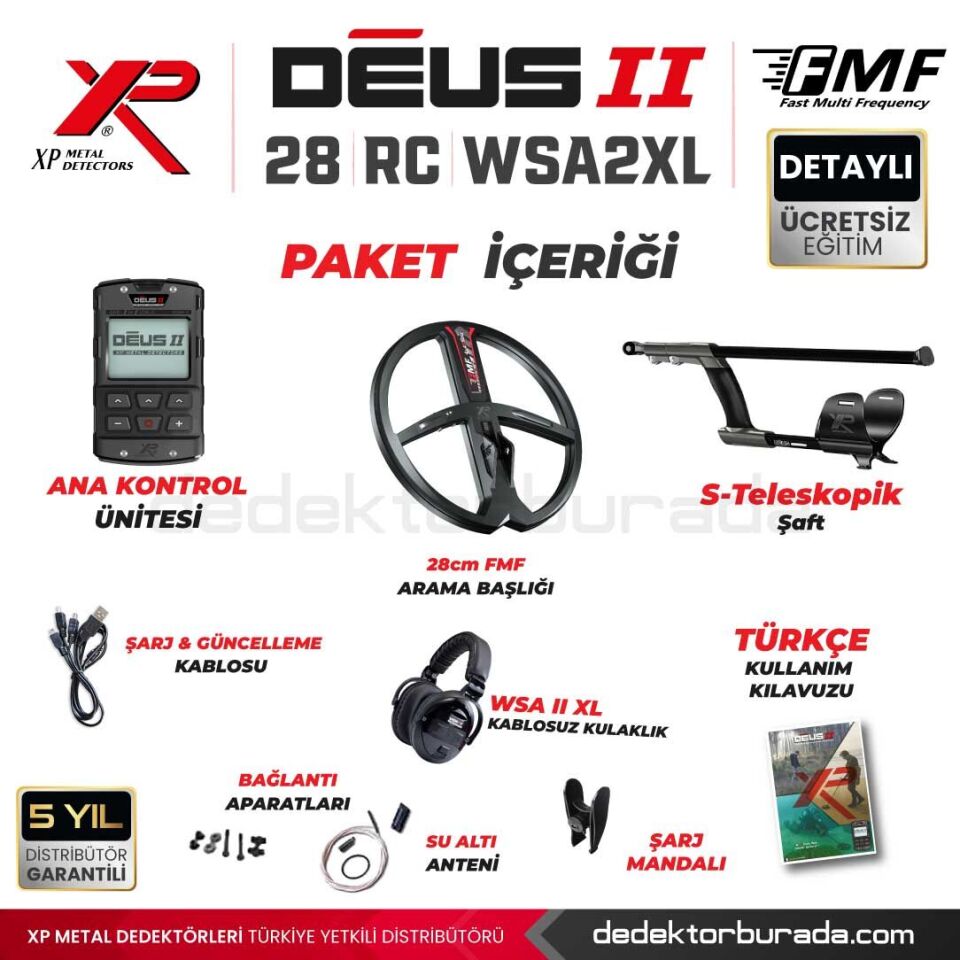 Deus 2 Dedektör - 28cm FMF Başlık, Ana Kontrol Ünitesi, WSA2XL Kulaklık