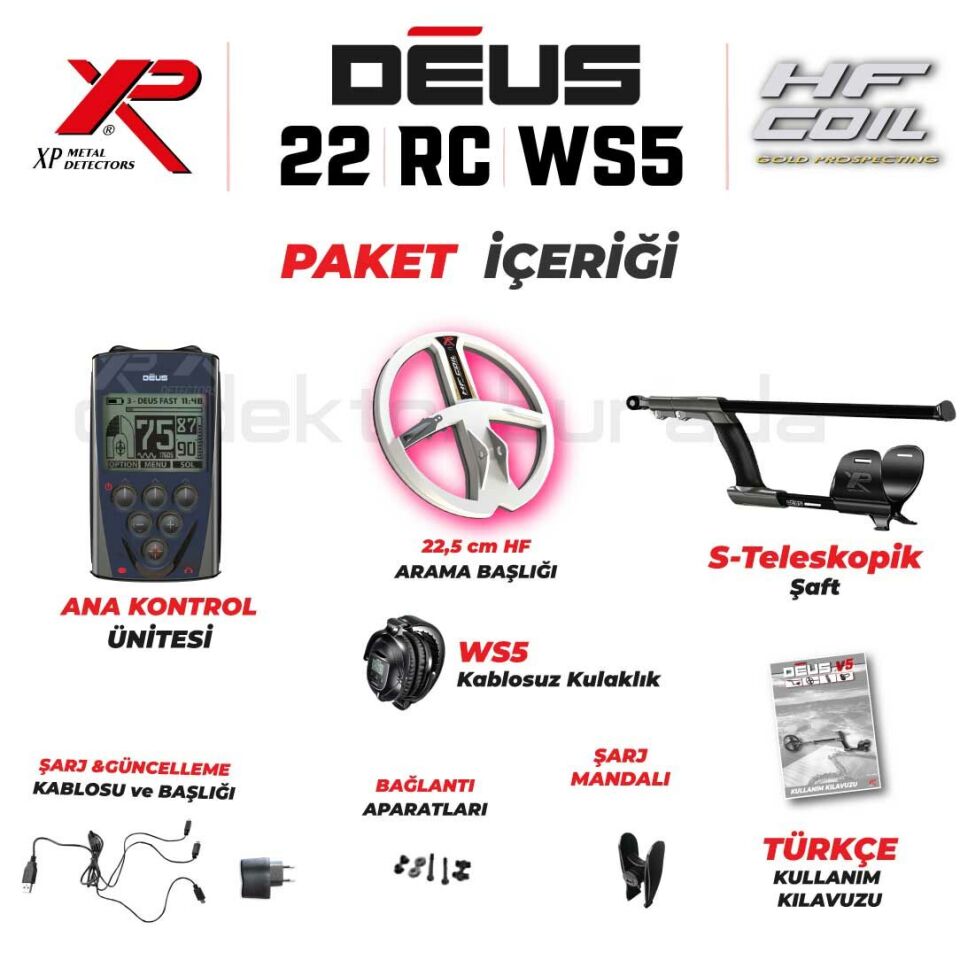 Deus Dedektör - 22,5cm HF Başlık, Ana Kontrol Ünitesi,Ws5 Kulaklık