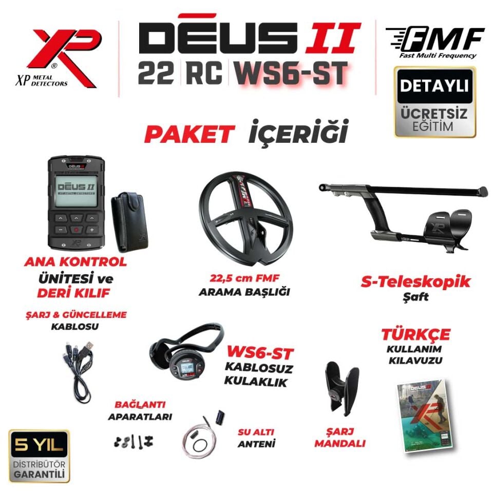 Deus 2 Dedektör - 22,5cm FMF Başlık, WS6 ST Kulaklık, Ana Kontrol Ünitesi