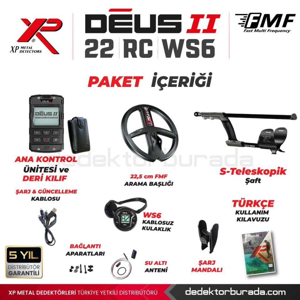 Deus 2 Dedektör - 22,5cm FMF Başlık, WS6 Kulaklık, Ana Kontrol Ünitesi