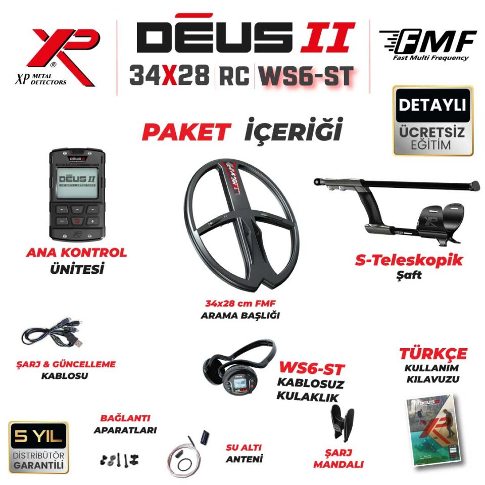 Deus 2 Dedektör - 34x28cm FMF Başlık, WS6 Kulaklık, Ana Kontrol Ünitesi