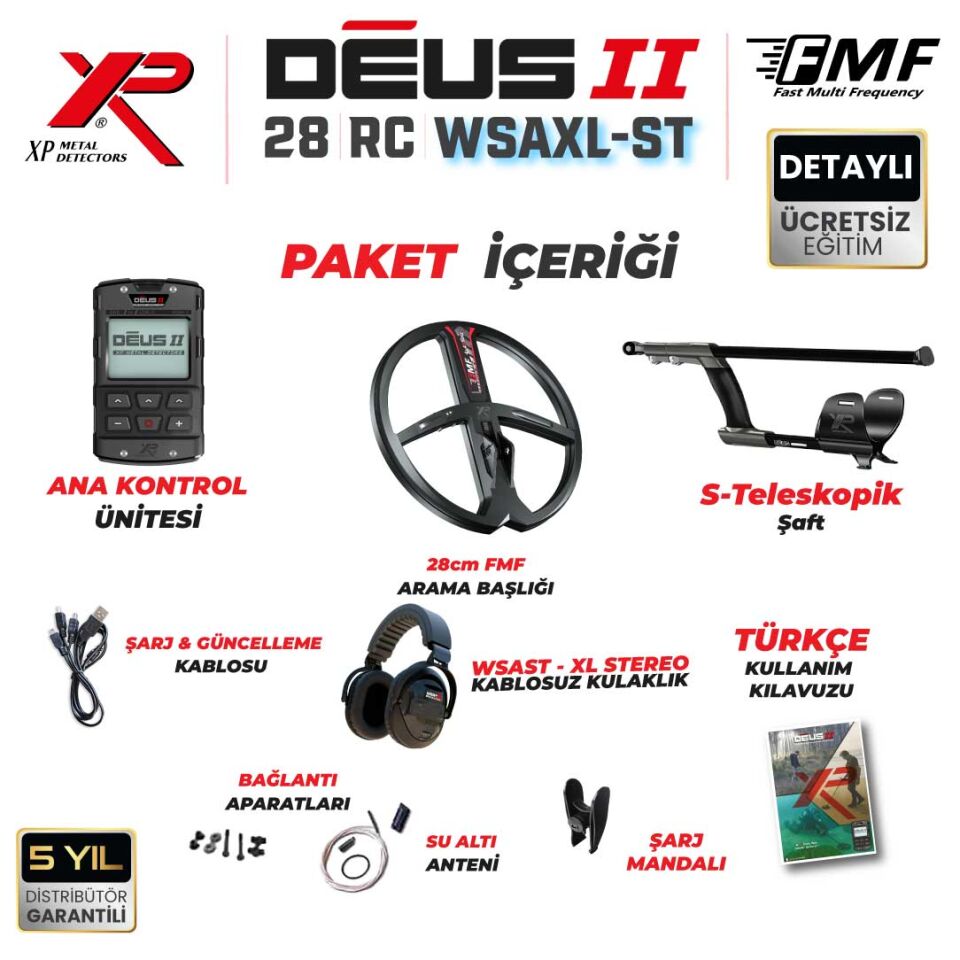 Deus 2 Dedektör - 28cm FMF Başlık, Ana Kontrol Ünitesi, WSAXL ST Kulaklık