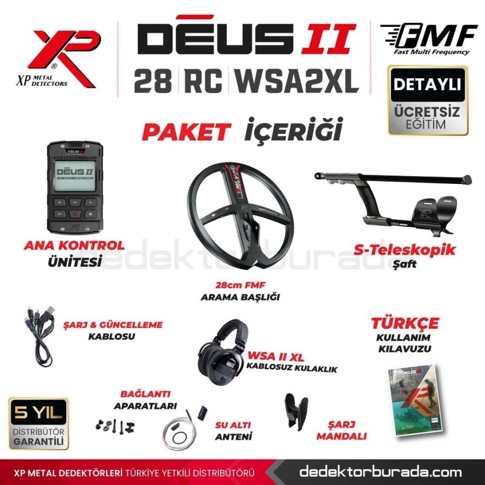 Deus 2 Dedektör - 28cm FMF Başlık, Ana Kontrol Ünitesi, WSA2XL Kulaklık