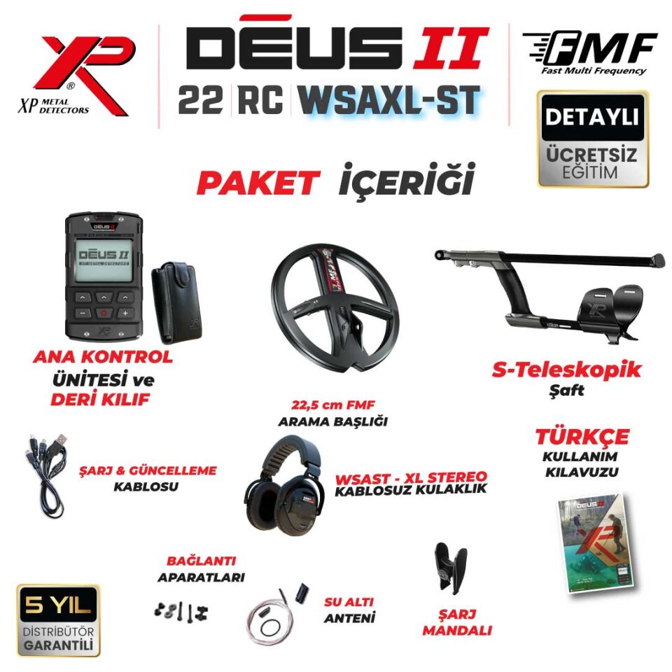 Deus 2 Dedektör - 22,5cm FMF Başlık, Ana Kontrol Ünitesi, WSAXL ST Kulaklık