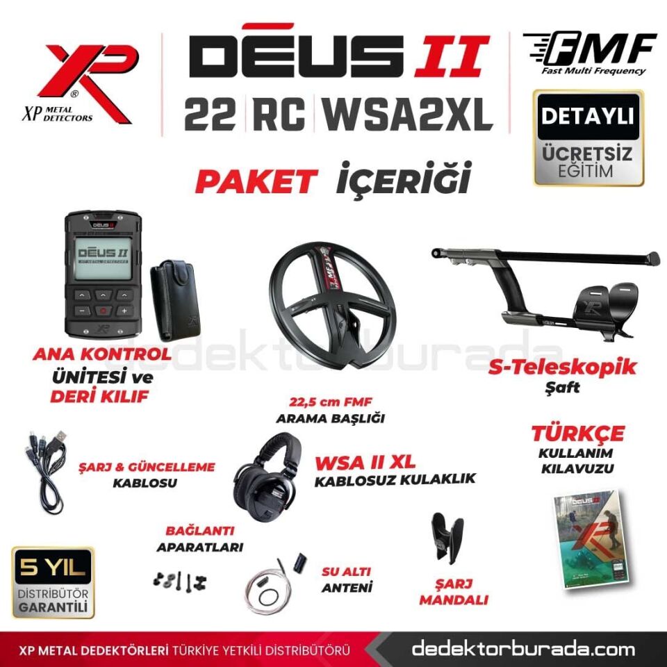 Deus 2 Dedektör - 22,5cm FMF Başlık, Ana Kontrol Ünitesi, WSA2XL Kulaklık