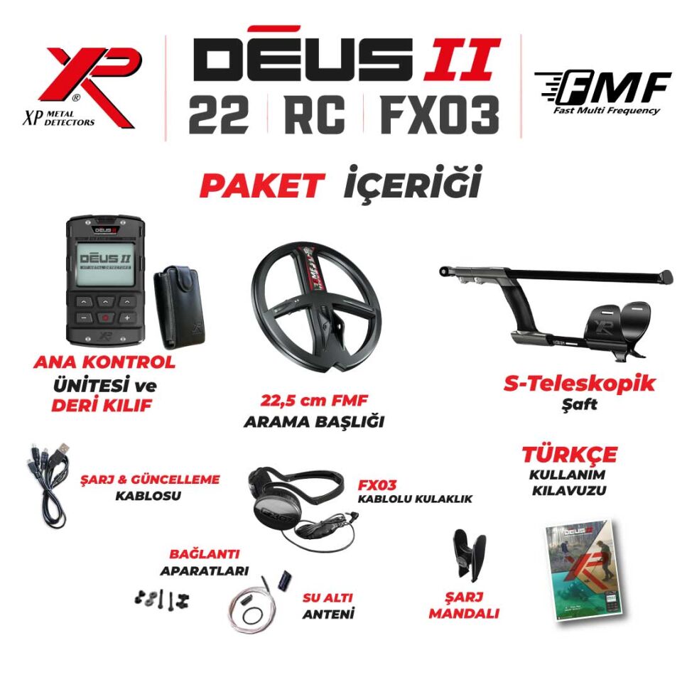 Deus 2 Dedektör - 22,5cm FMF Başlık, Ana Kontrol Ünitesi, FX03 Kulaklık