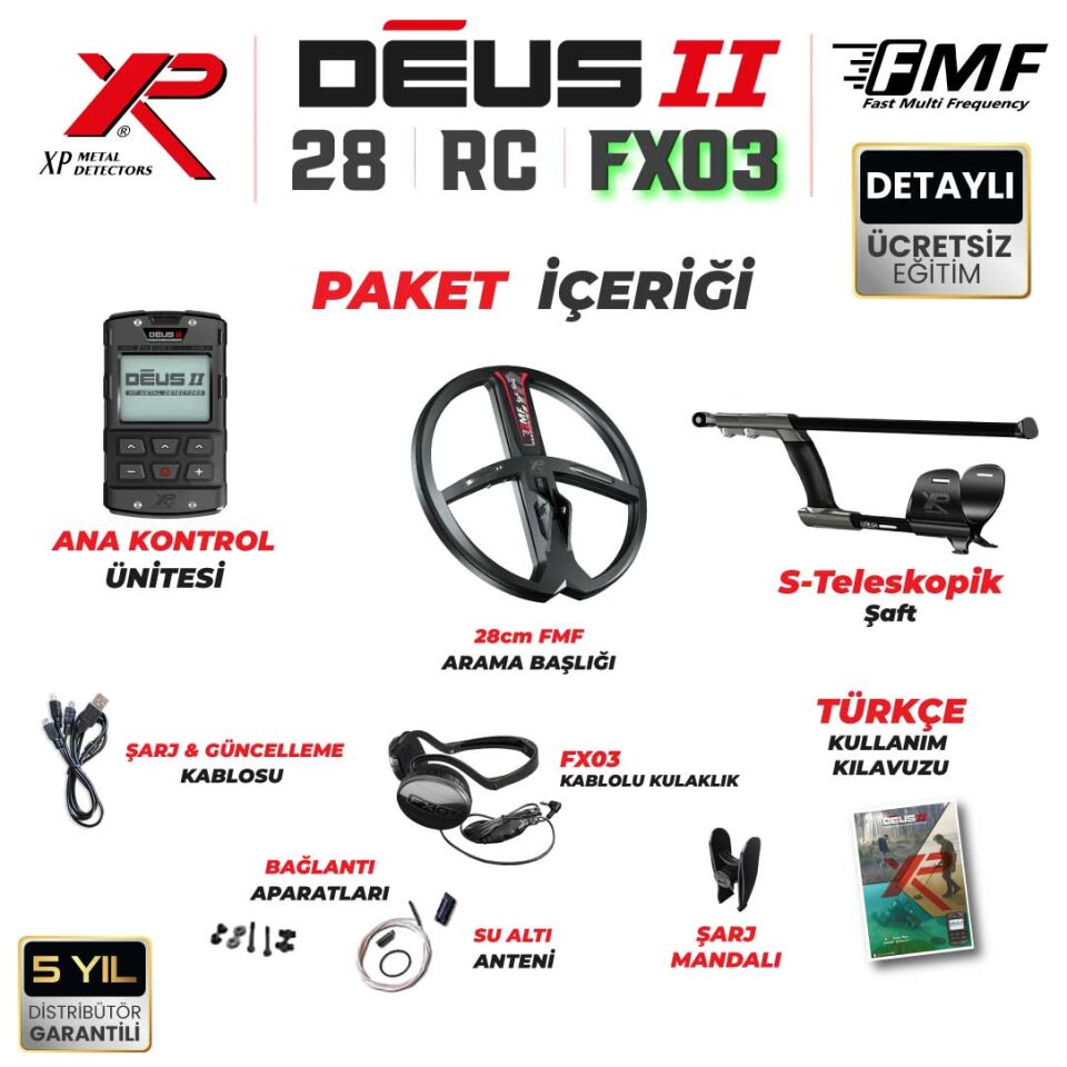 Deus 2 Dedektör - 28cm FMF Başlık, Ana Kontrol Ünitesi, FX03 Kulaklık