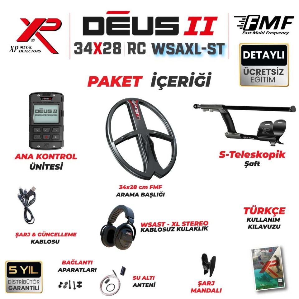 Deus 2 Dedektör - 34x28cm FMF Başlık, Ana Kontrol Ünitesi, WSAXL ST Kulaklık