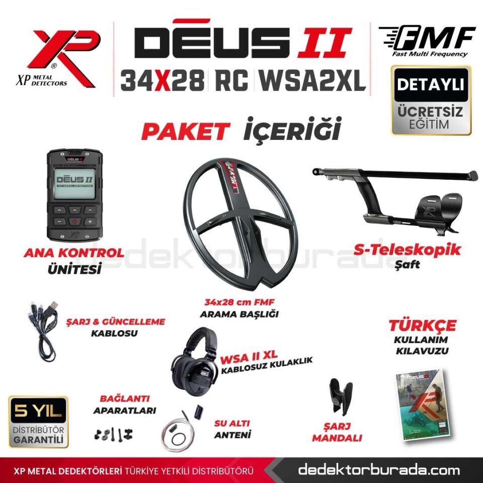 Deus 2 Dedektör - 34x28cm FMF Başlık, Ana Kontrol Ünitesi, WSA2XL Kulaklık