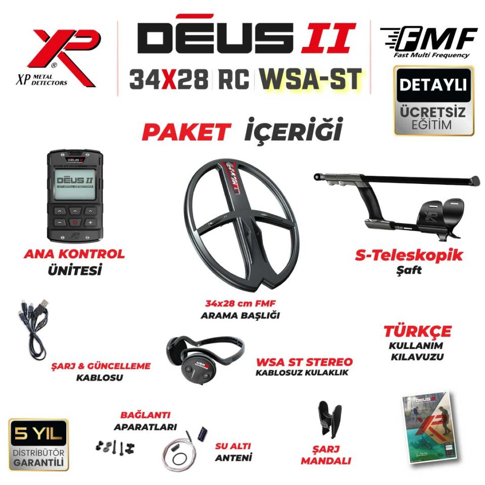 Deus 2 Dedektör - 34x28cm FMF Başlık, Ana Kontrol Ünitesi, WSA ST Kulaklık