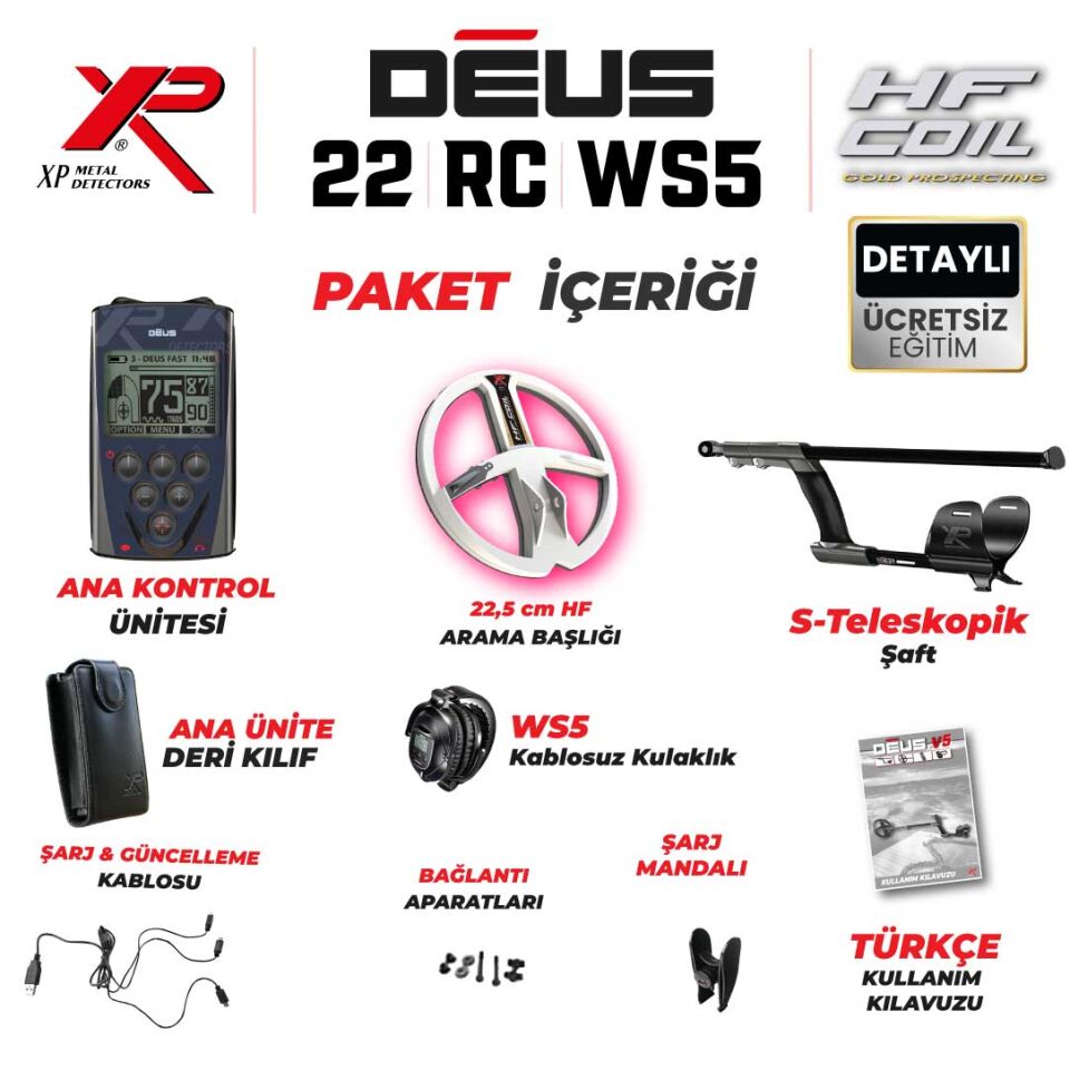 Deus Dedektör - 22,5cm HF Başlık, Ana Kontrol Ünitesi,Ws5 Kulaklık
