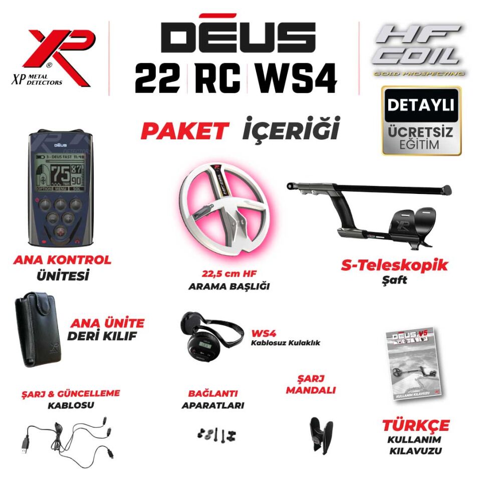 DEUS Dedektör - 22,5cm HF Başlık, Ana Kontrol Ünitesi (RC), WS4 Kulaklık - FULL PAKET