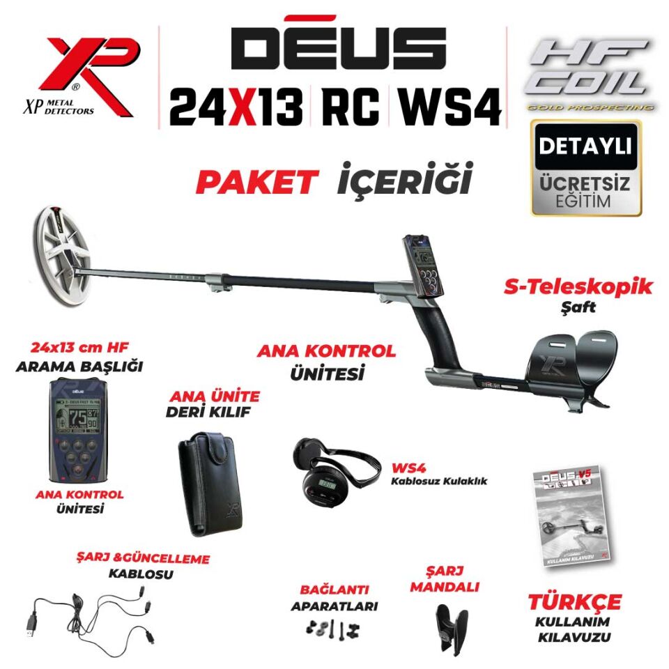 DEUS Dedektör - 24x13cm HF Başlık, Ana Kontrol Ünitesi (RC), WS4 Kulaklık - FULL PAKET