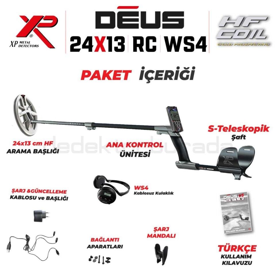 DEUS Dedektör - 24x13cm HF Başlık, Ana Kontrol Ünitesi (RC), WS4 Kulaklık - FULL PAKET
