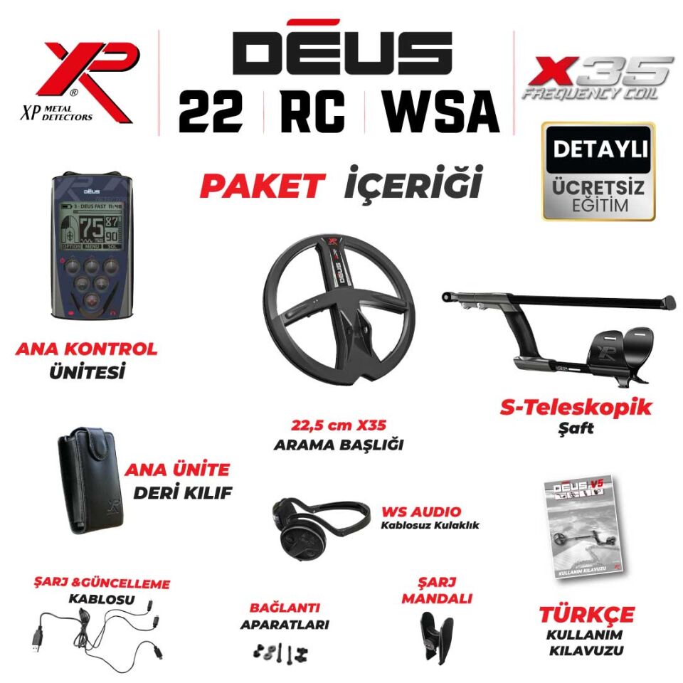 DEUS  Dedektör- 22,5cm X35 Başlık, Ana Kontrol Ünitesi (RC), WSAUDIO Kulaklık - FULL PAKET