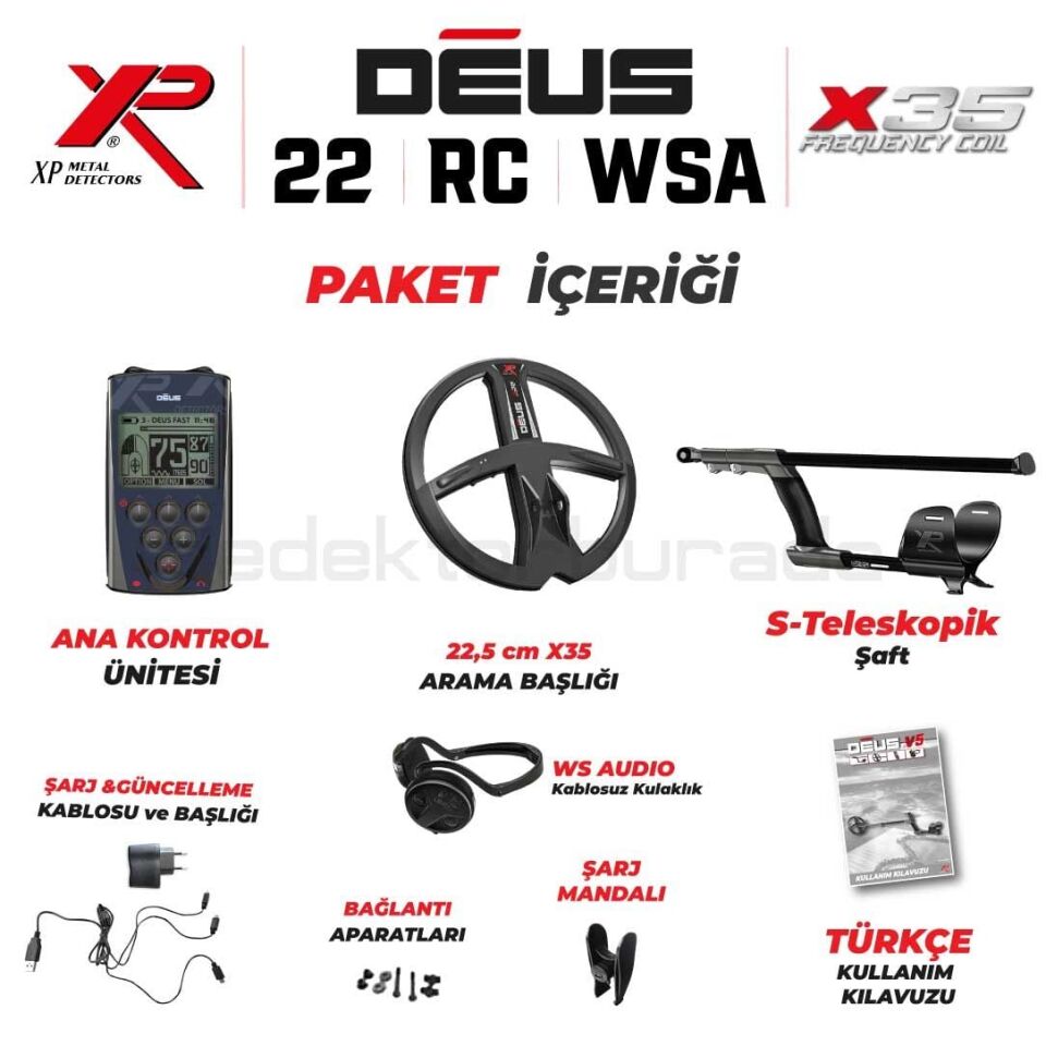 DEUS  Dedektör- 22,5cm X35 Başlık, Ana Kontrol Ünitesi (RC), WSAUDIO Kulaklık - FULL PAKET