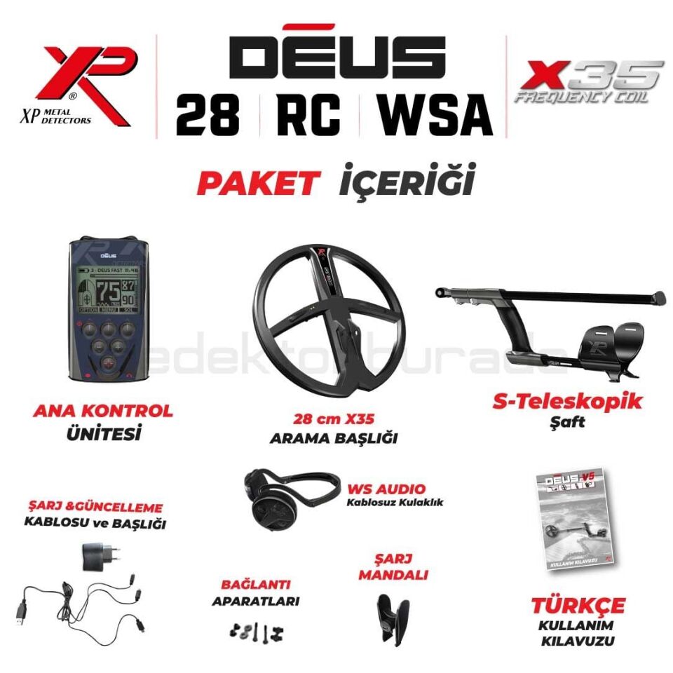 DEUS Dedektör - 28cm X35 Başlık, Ana Kontrol Ünitesi (RC), WSAUDIO Kulaklık - FULL PAKET