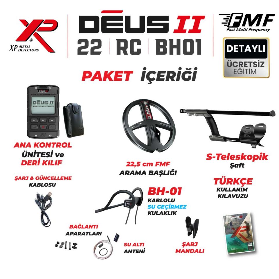 DEUS 2 Dedektör  - 22,5cm FMF Başlık, Ana Kontrol Ünitesi (RC), BH-01 Kablolu Su Geçirmez Kulaklık