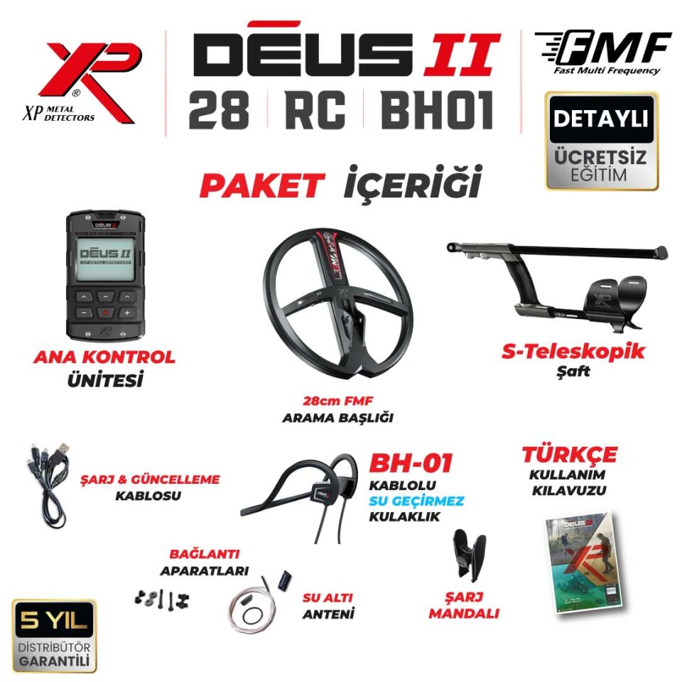 DEUS 2 Dedektör - 28cm FMF Başlık, Ana Kontrol Ünitesi (RC), BH-01 Kablolu Su Geçirmez Kulaklık
