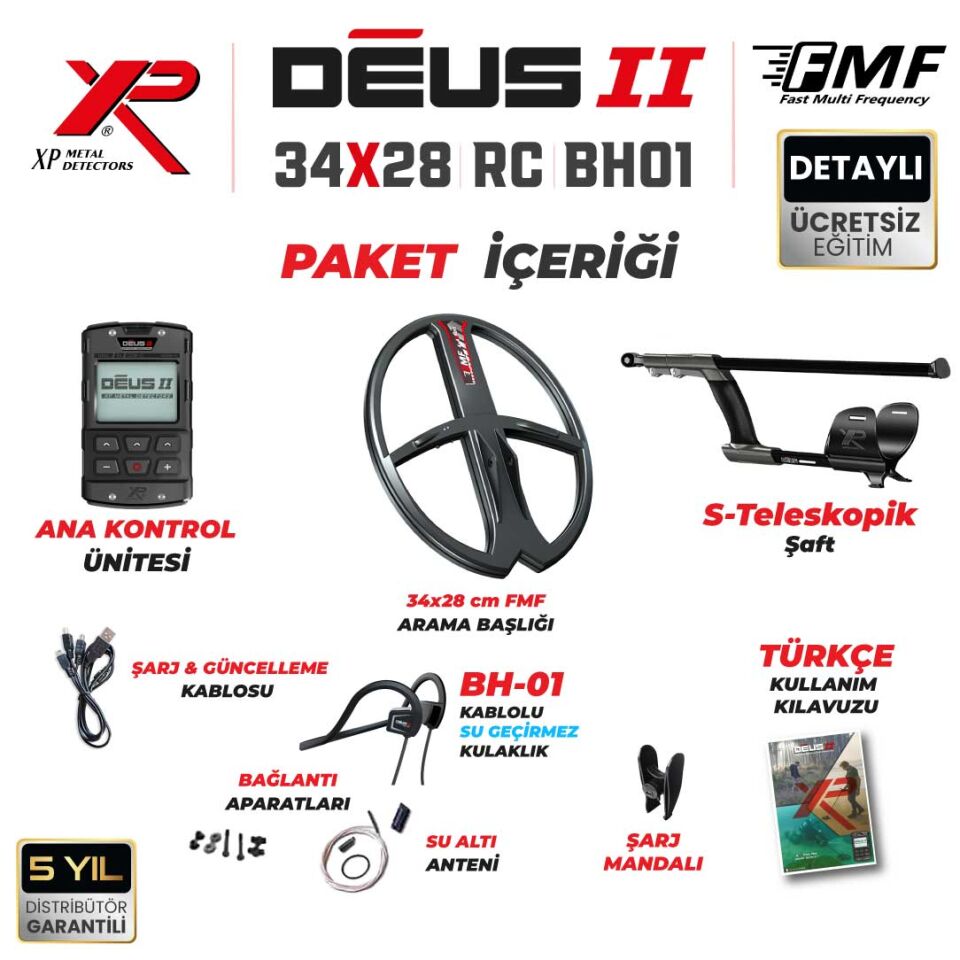 DEUS 2 Dedektör - 34x28cm FMF Başlık, Ana Kontrol Ünitesi (RC), BH-01 Kablolu Su Geçirmez Kulaklık