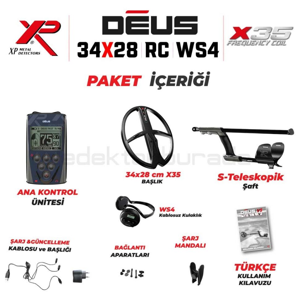 Deus Dedektör - 34x28cm X35 Başlık, WS4 Kulaklık, Ana Kontrol Ünitesi