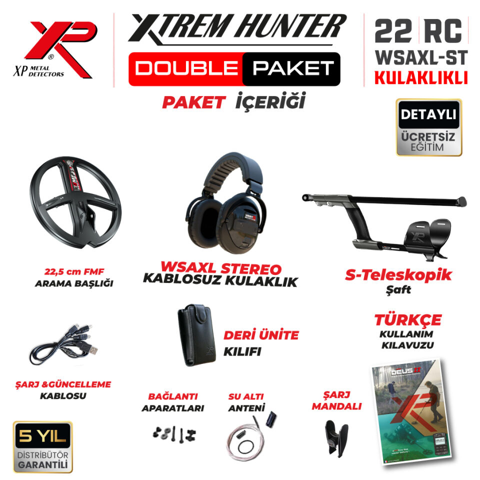 Xtrem Hunter Dedektör - DOUBLE PAKET WSAXL ST Kulaklıklı DEUS 2 Dedektör 22cm FMF Başlıklı Paket
