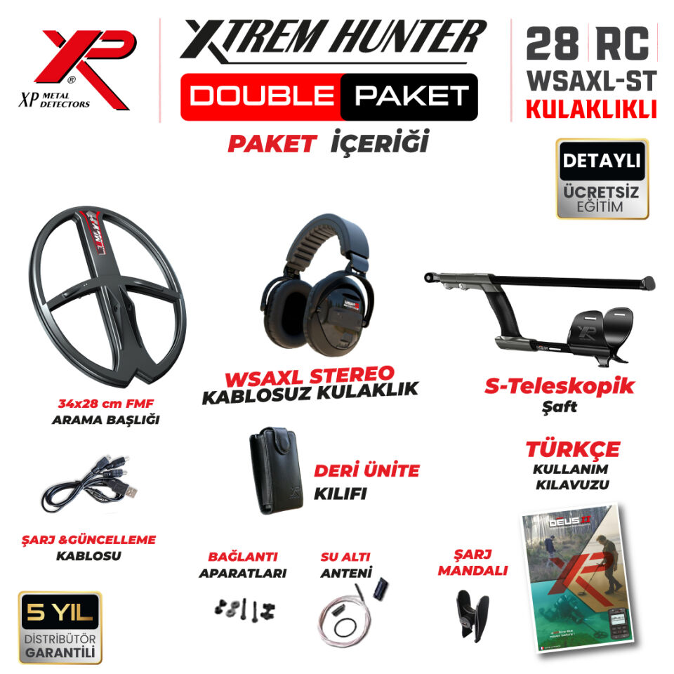 Xtrem Hunter Dedektör - DOUBLE PAKET WSAXL ST Kulaklıklı DEUS 2 Dedektör 34x28cm FMF Başlıklı Paket