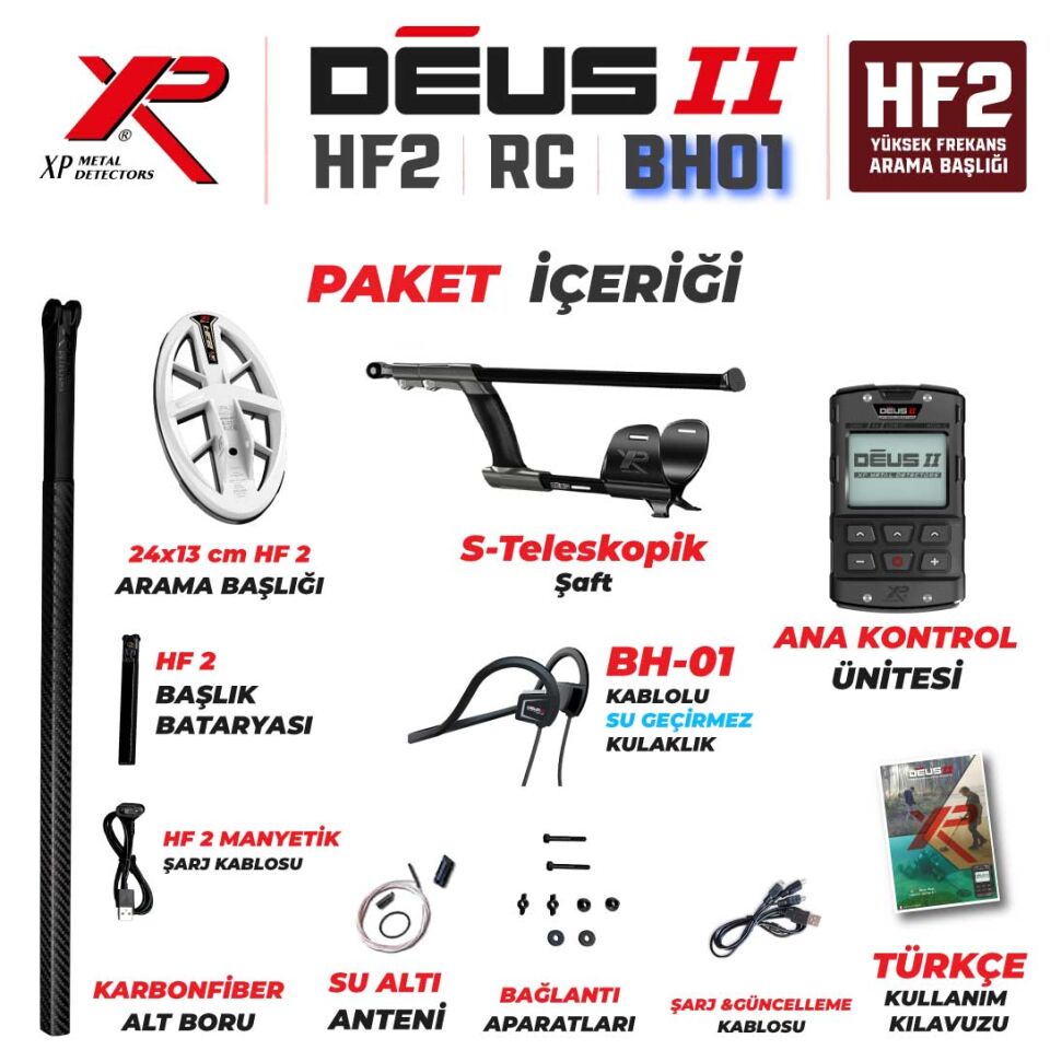 DEUS 2 Gold Altın Dedektörü  - 24x13cm HF2 Başlıklı , Ana Kontrol Üniteli Dedektör BH-01  Su Altı Kemik İletim Kulaklıklı Paket
