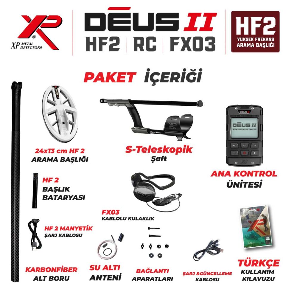 DEUS 2 Gold Altın Dedektörü  - 24x13cm HF2 Başlıklı , Ana Kontrol Üniteli Dedektör FX03 Kablolu Kulaklıklı Paket