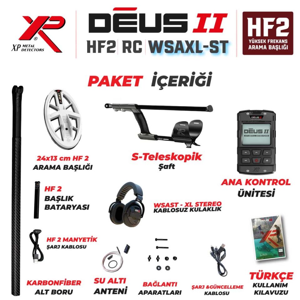 DEUS 2 Gold Altın Dedektörü  - 24x13cm HF2 Başlıklı , Ana Kontrol Üniteli Dedektör WSAXL STEREO Kablosuz Kulaklıklı Paket
