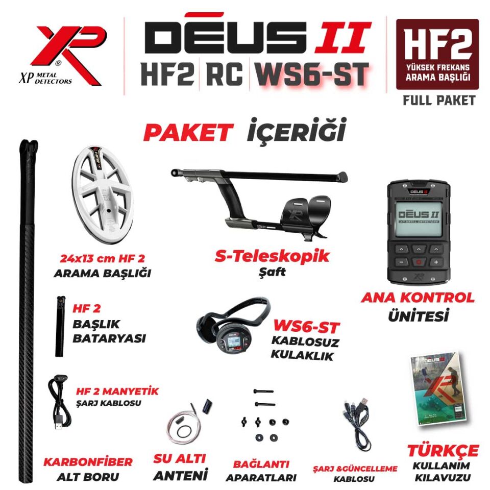 DEUS 2 Gold Altın Dedektörü  - 24x13cm HF2 Başlıklı , Ana Kontrol Üniteli Dedektör WS6 STEREO Kablosuz Kulaklıklıklı Full Paket