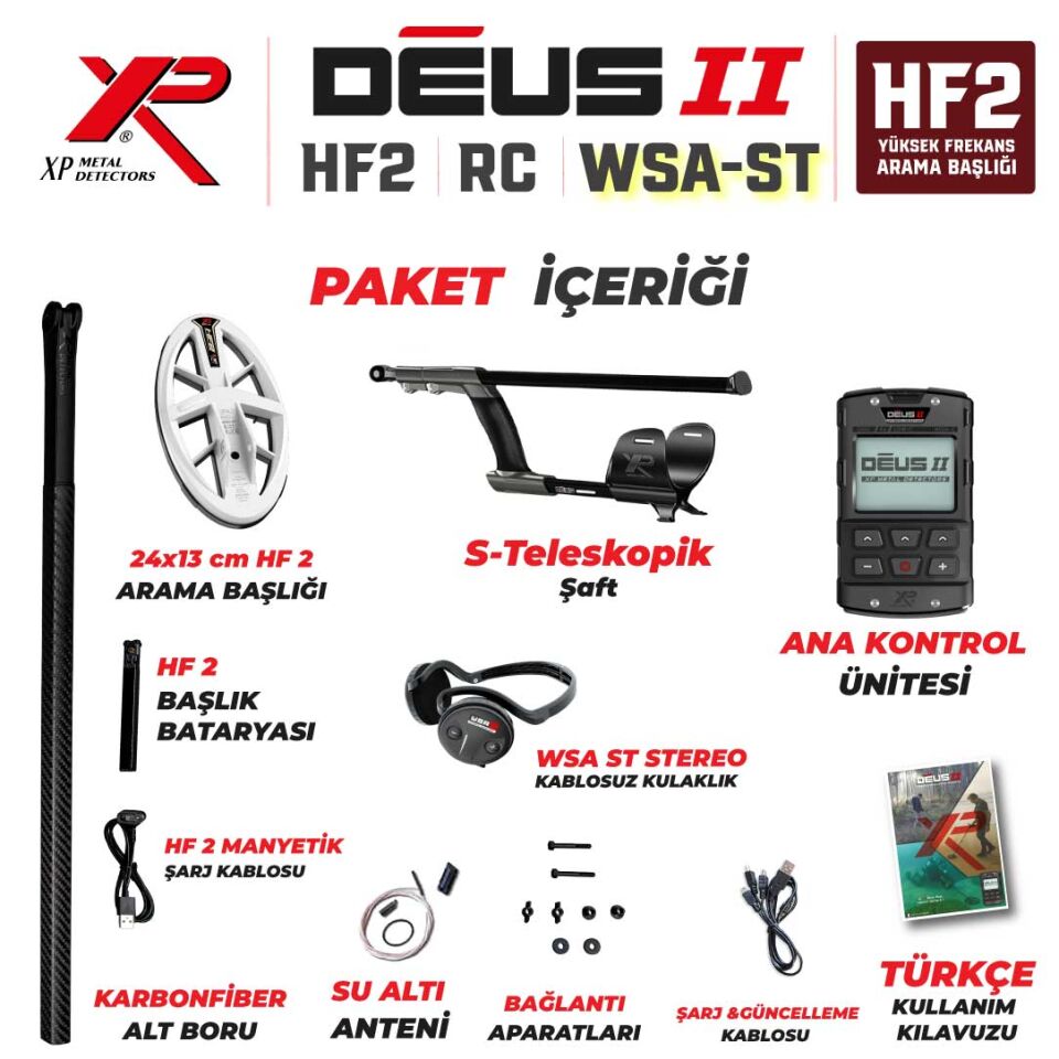 DEUS 2 Gold Altın Dedektörü  - 24x13cm HF2 Başlıklı , Ana Kontrol Üniteli Dedektör WSA STEREO Kablosuz Kulaklıklı Paket